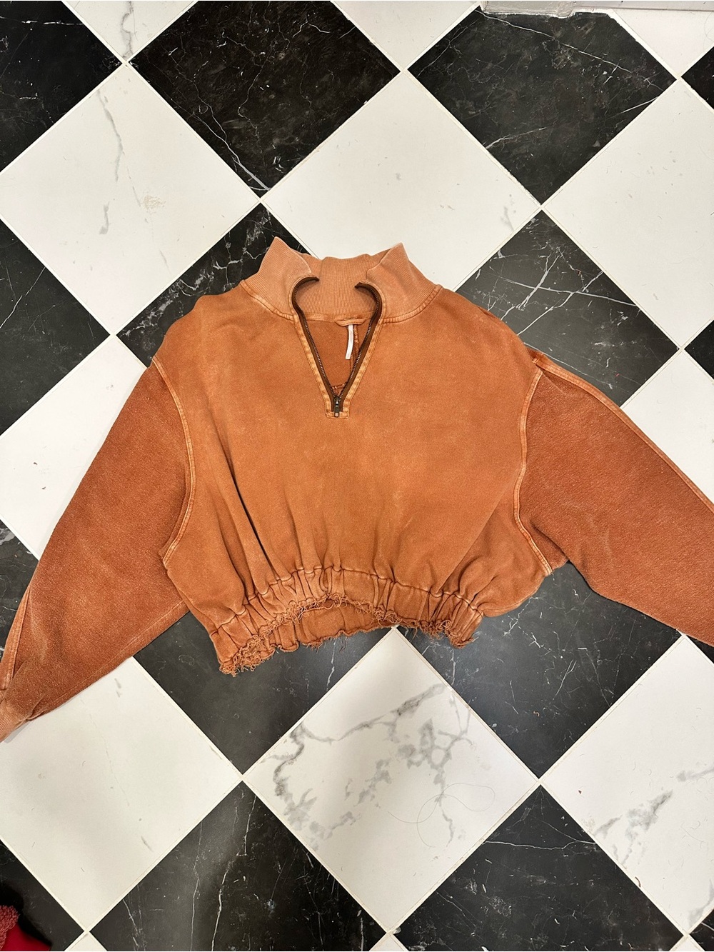 Free People Distressed Cropped Half-Zip Sweatshirt in Rust